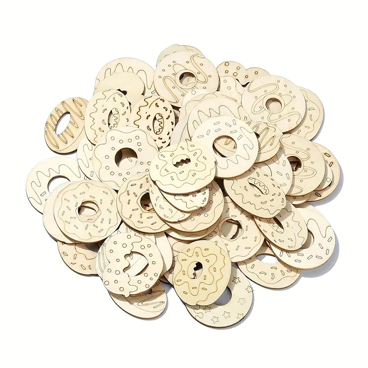 Stack of wooden gear shapes on a white background