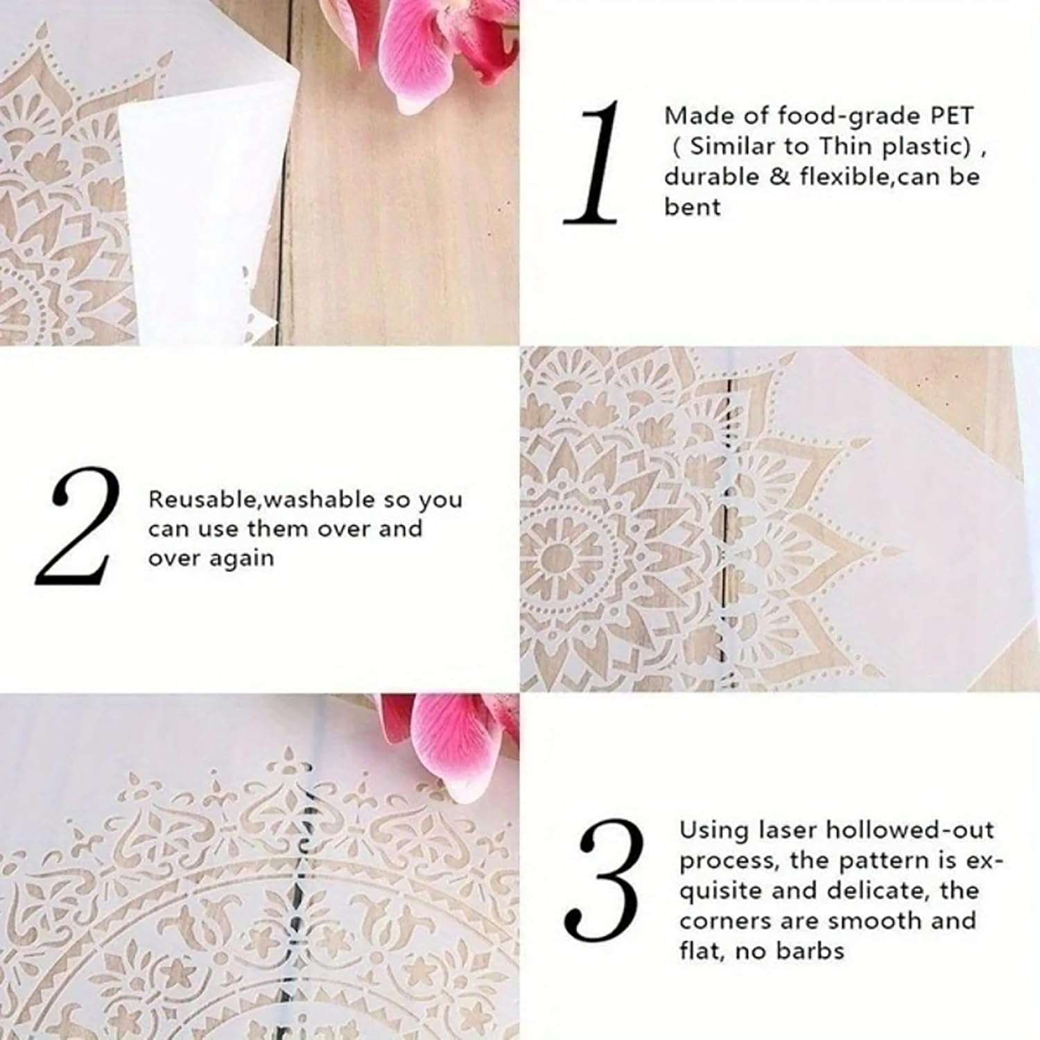 Lace patterned product with text describing its features on a white background.