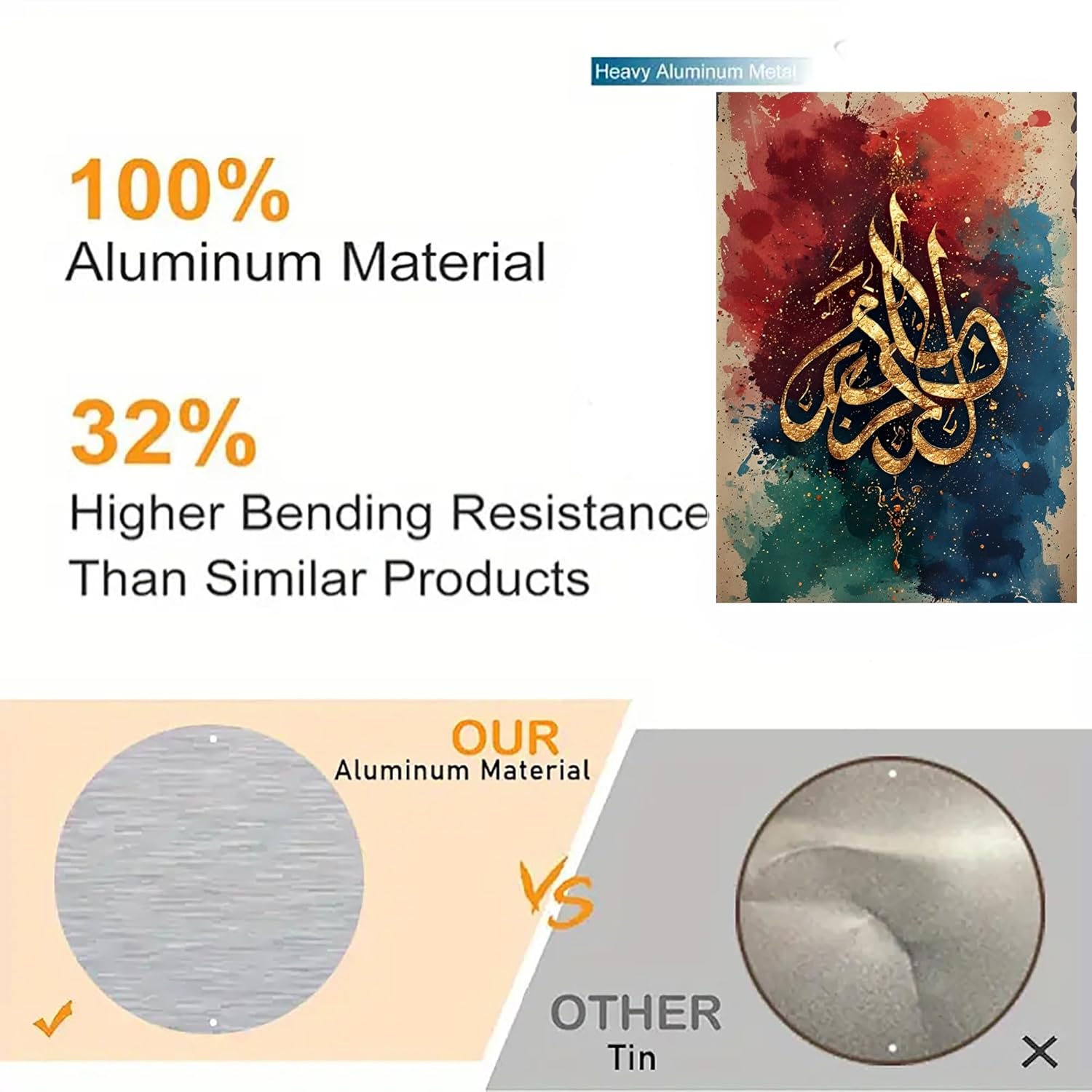 Comparison of aluminum material with other tin, highlighting features like 100% aluminum content and higher bending resistance.