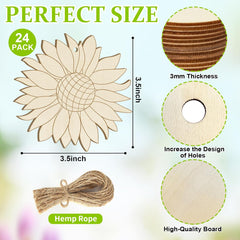 Wooden sunflower decor pieces with measurements and materials listed on a light background