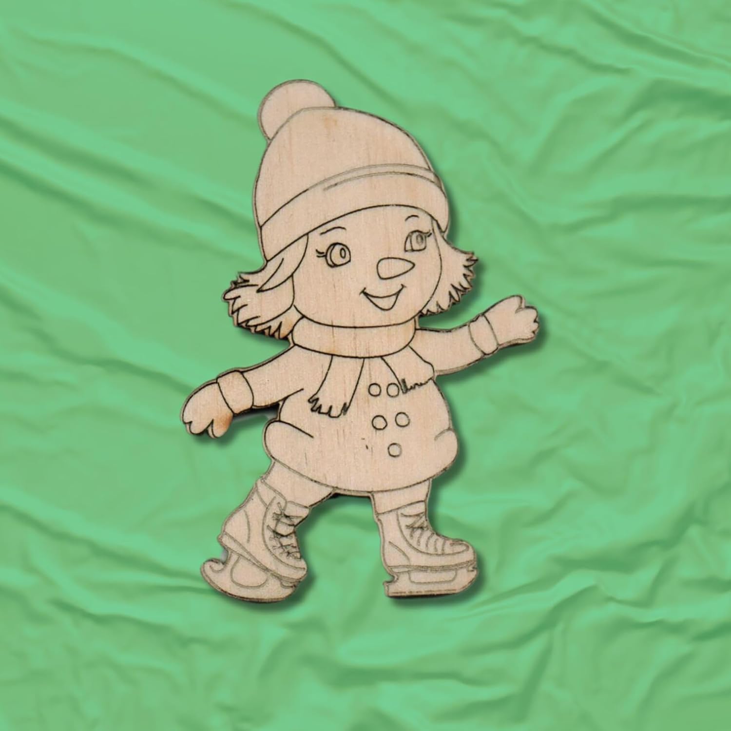 Cartoon character in winter clothing on a green fabric background