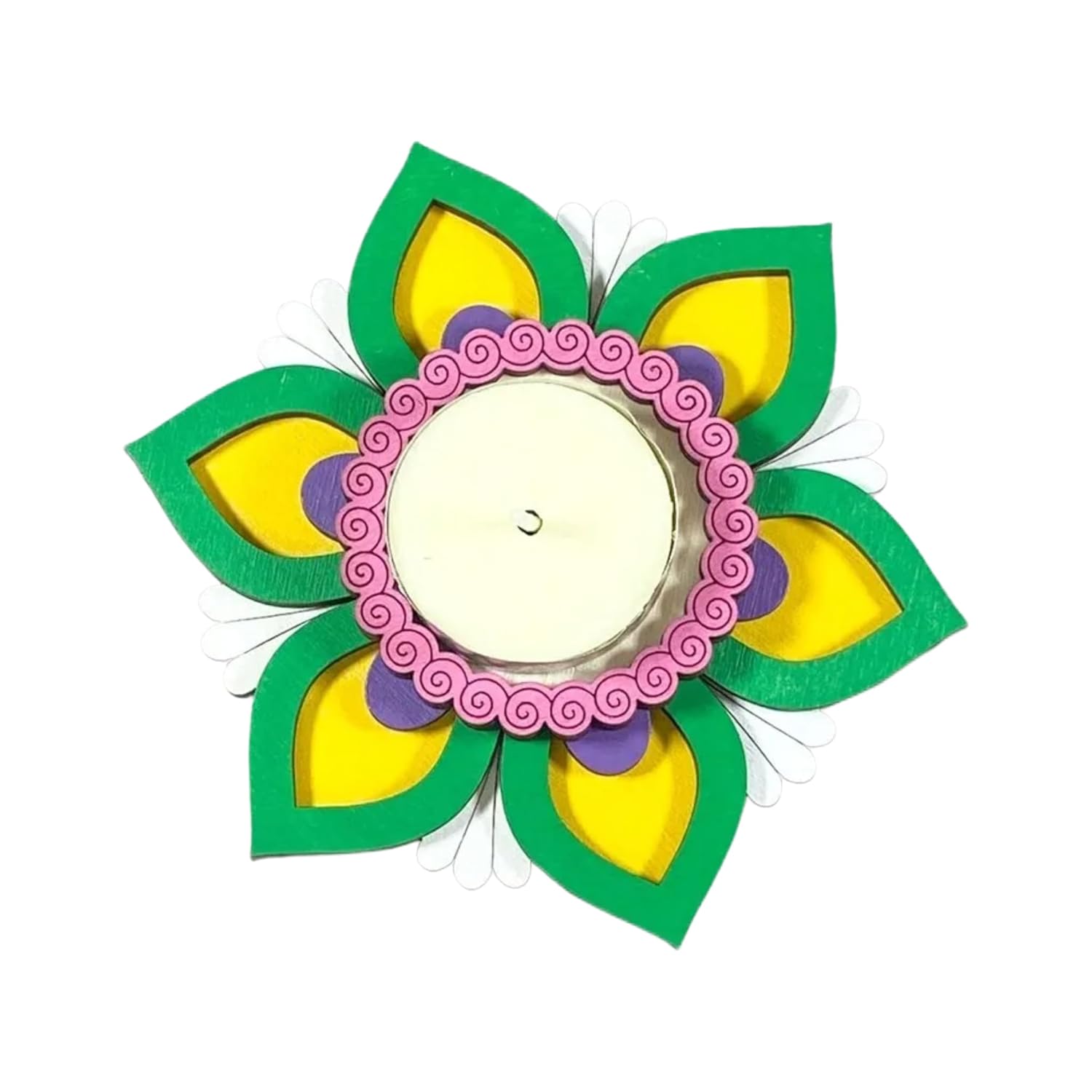 Decorative wall art with a colorful flower design on a white background