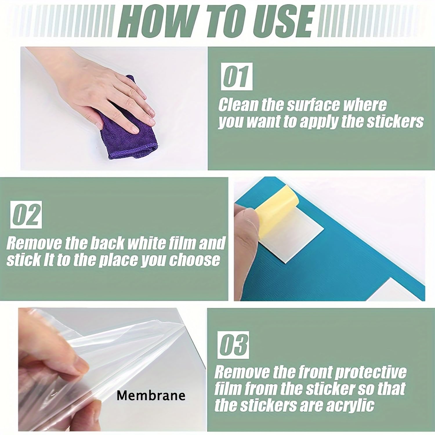 Instructions on how to use acrylic stickers with text and images of cleaning, applying a white film, and removing a protective膜.