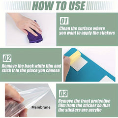 Instructions on how to use acrylic stickers with text and images of cleaning, applying a white film, and removing a protective膜.