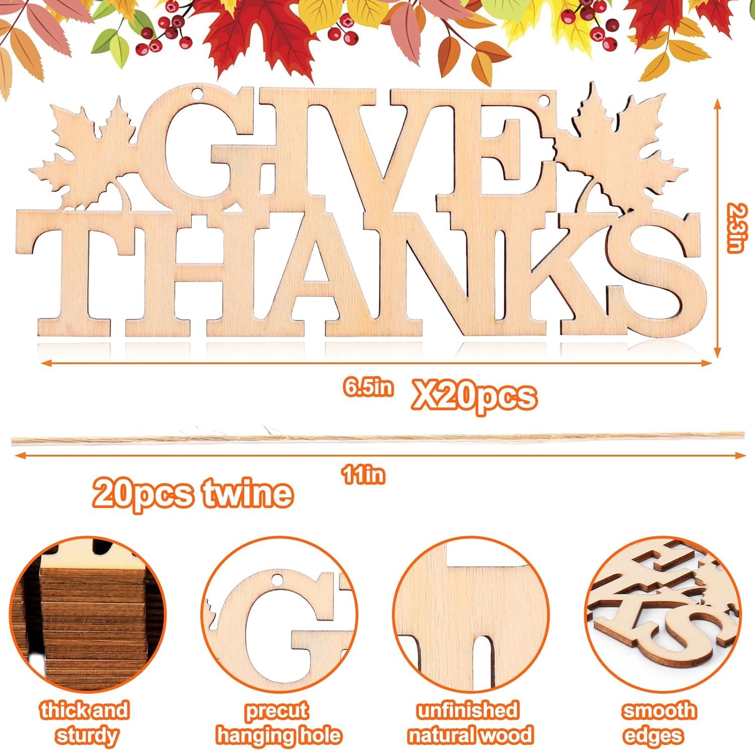 Wooden 'Give Thanks' decoration set with twine on a white background