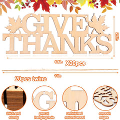 Wooden 'Give Thanks' decoration set with twine on a white background
