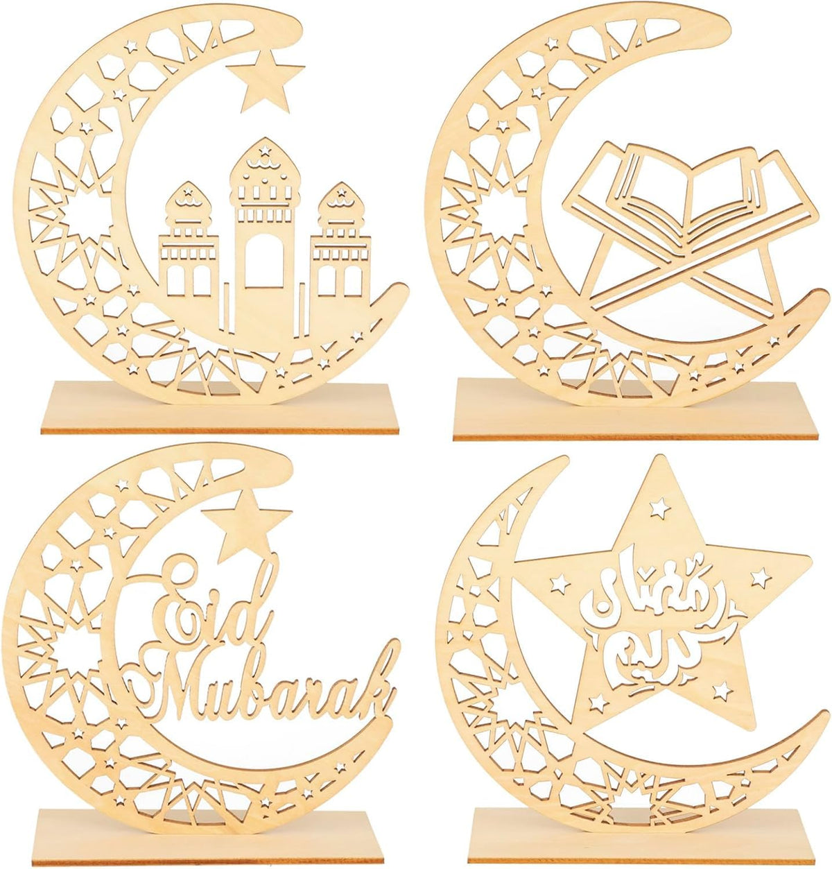 Set of four gold metal Eid decorations with crescent moon and star designs.