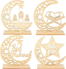 Set of four gold metal Eid decorations with crescent moon and star designs.