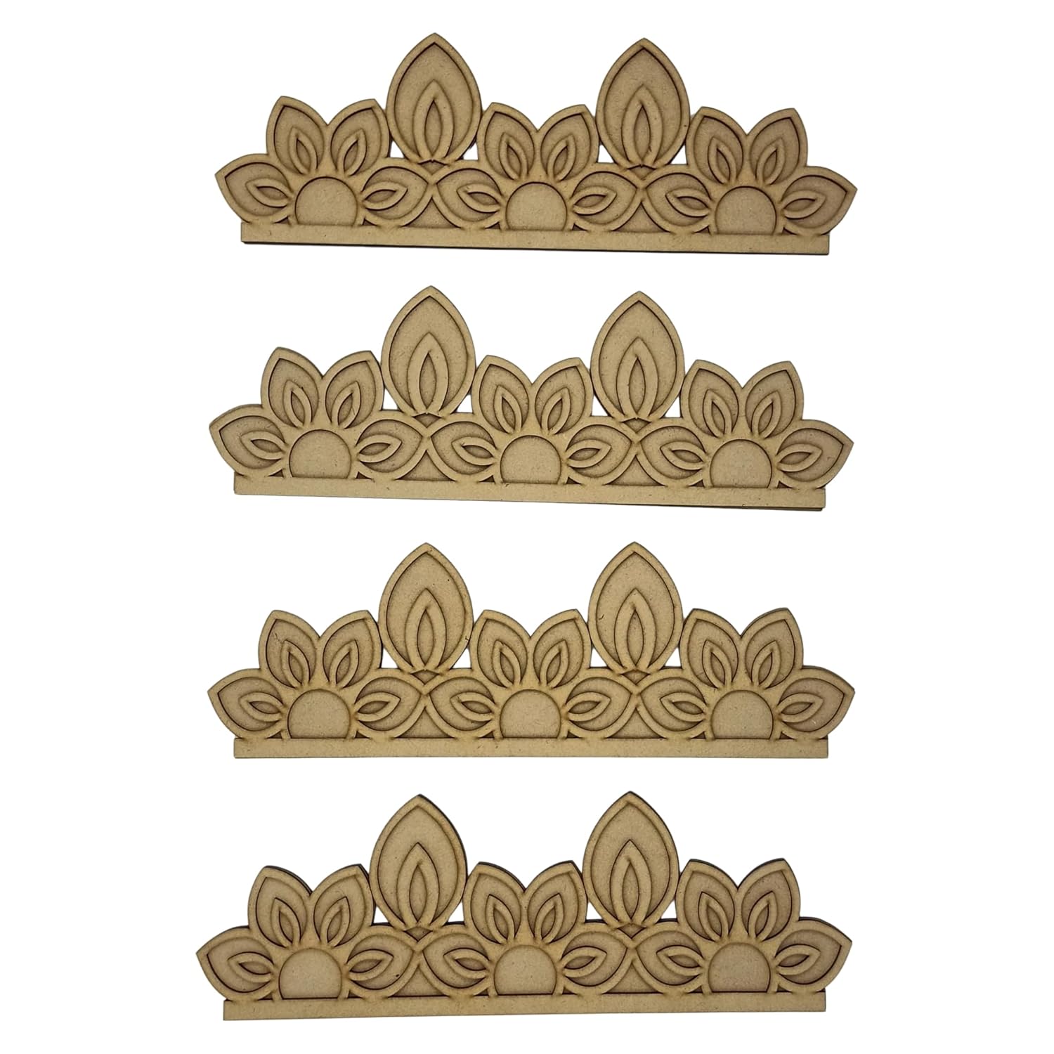 Set of four decorative wooden tiaras with leaf patterns on a white background