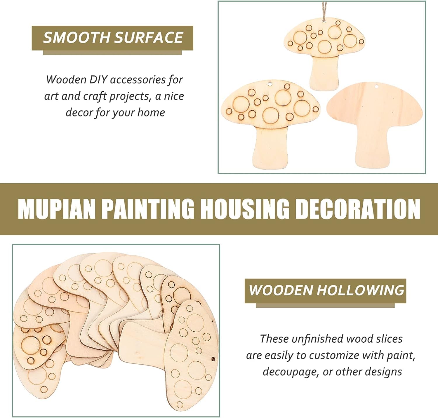 Wooden DIY mushroom decorations with text on a white background