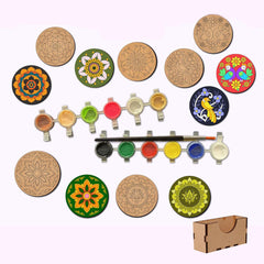 Set of mandala coasters with paint bottles and a brush on a white background