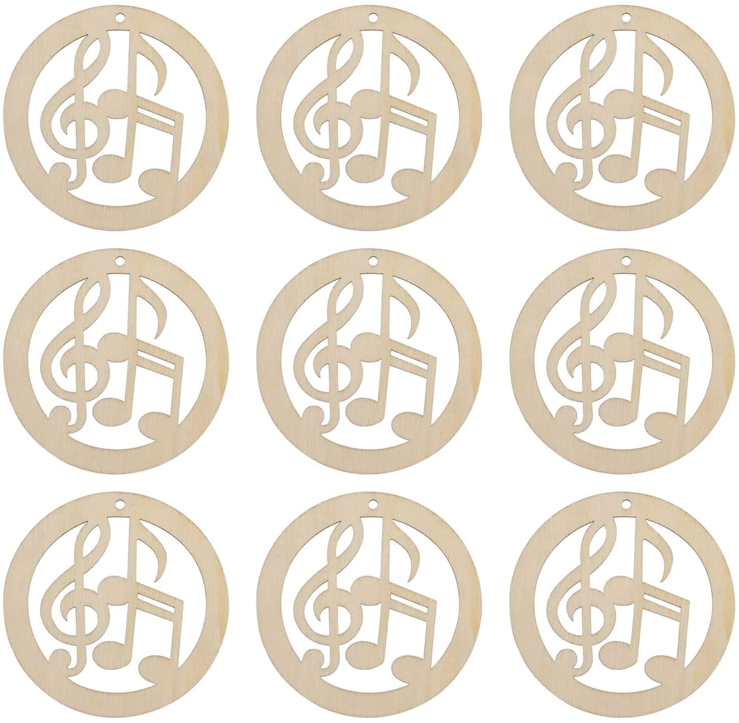 Nine wooden cutouts with musical notes on a white background