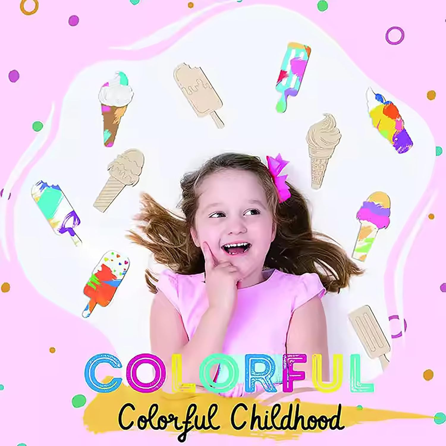 Child lying on a pink surface with colorful ice cream graphics and text 'Colorful Childhood'.