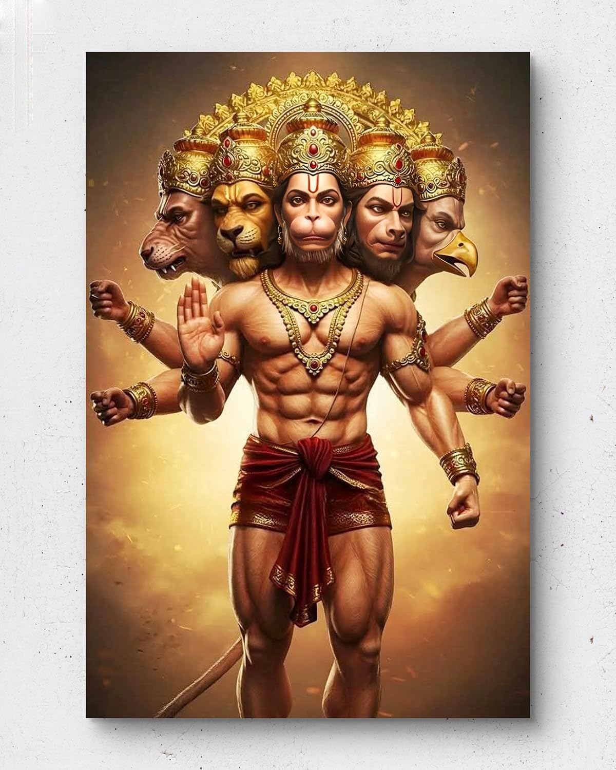 Stylized depiction of a muscular figure with multiple heads and arms against a warm gradient background