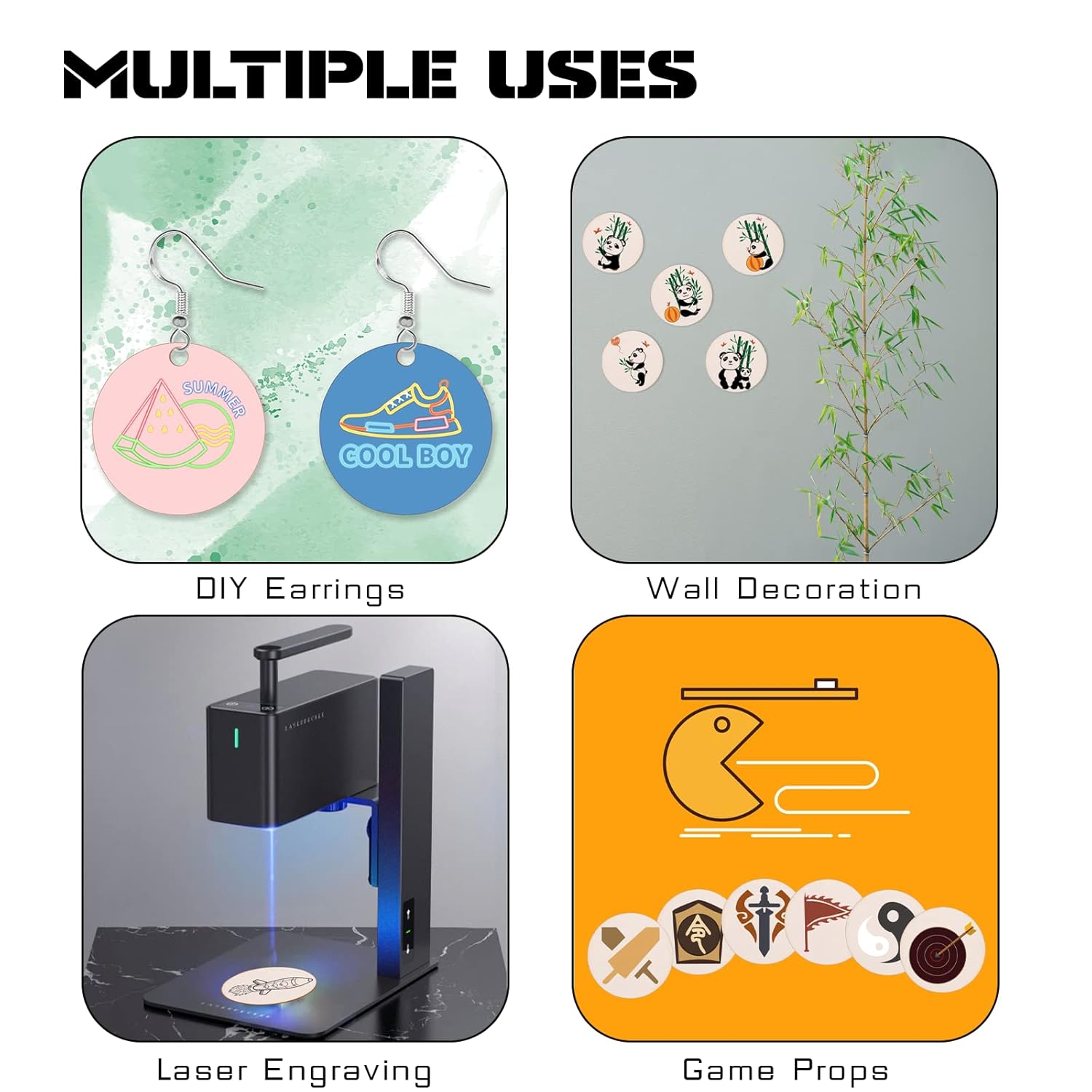 Product display with DIY earrings, wall decoration, laser engraving machine, and game props.