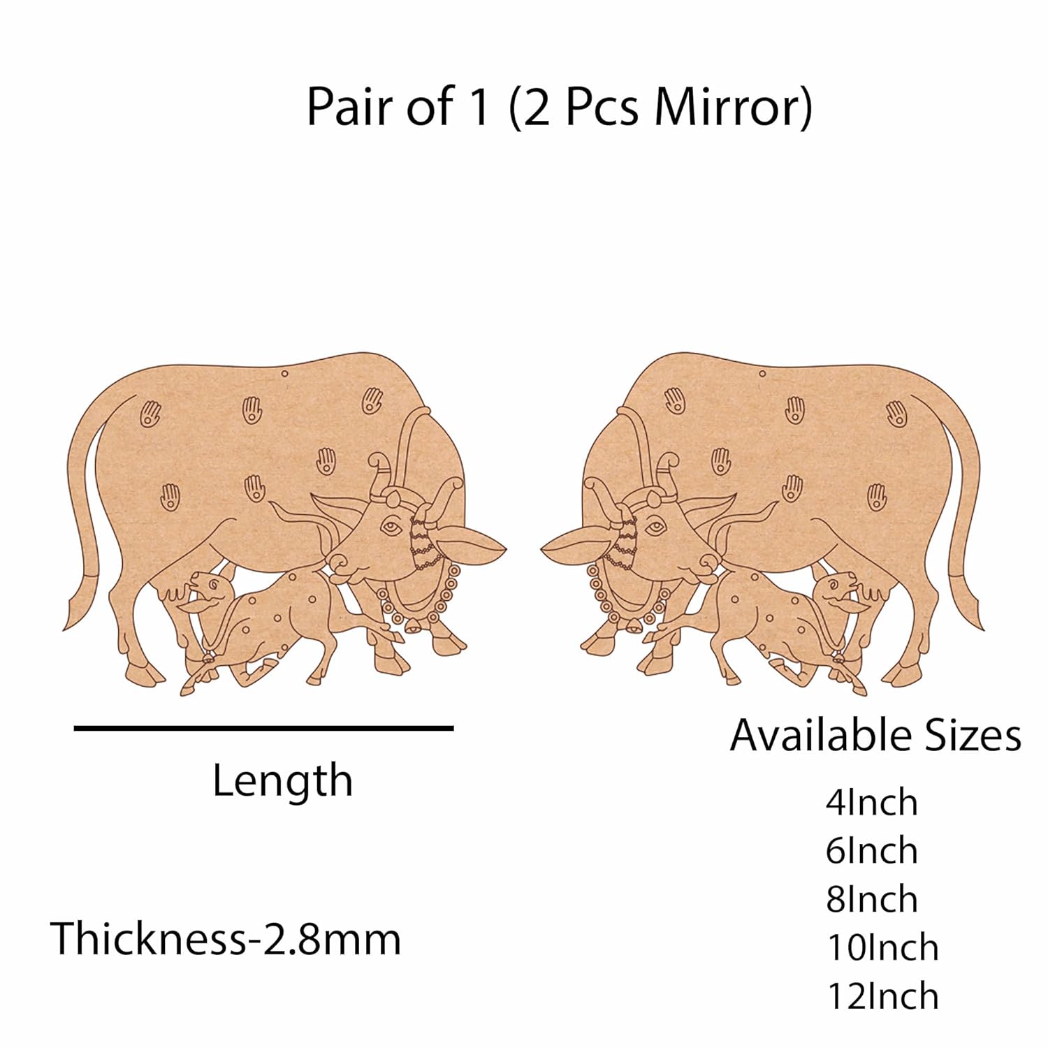 Wooden bull figures with decorative patterns on a white background, showing available sizes.