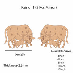 Wooden bull figures with decorative patterns on a white background, showing available sizes.