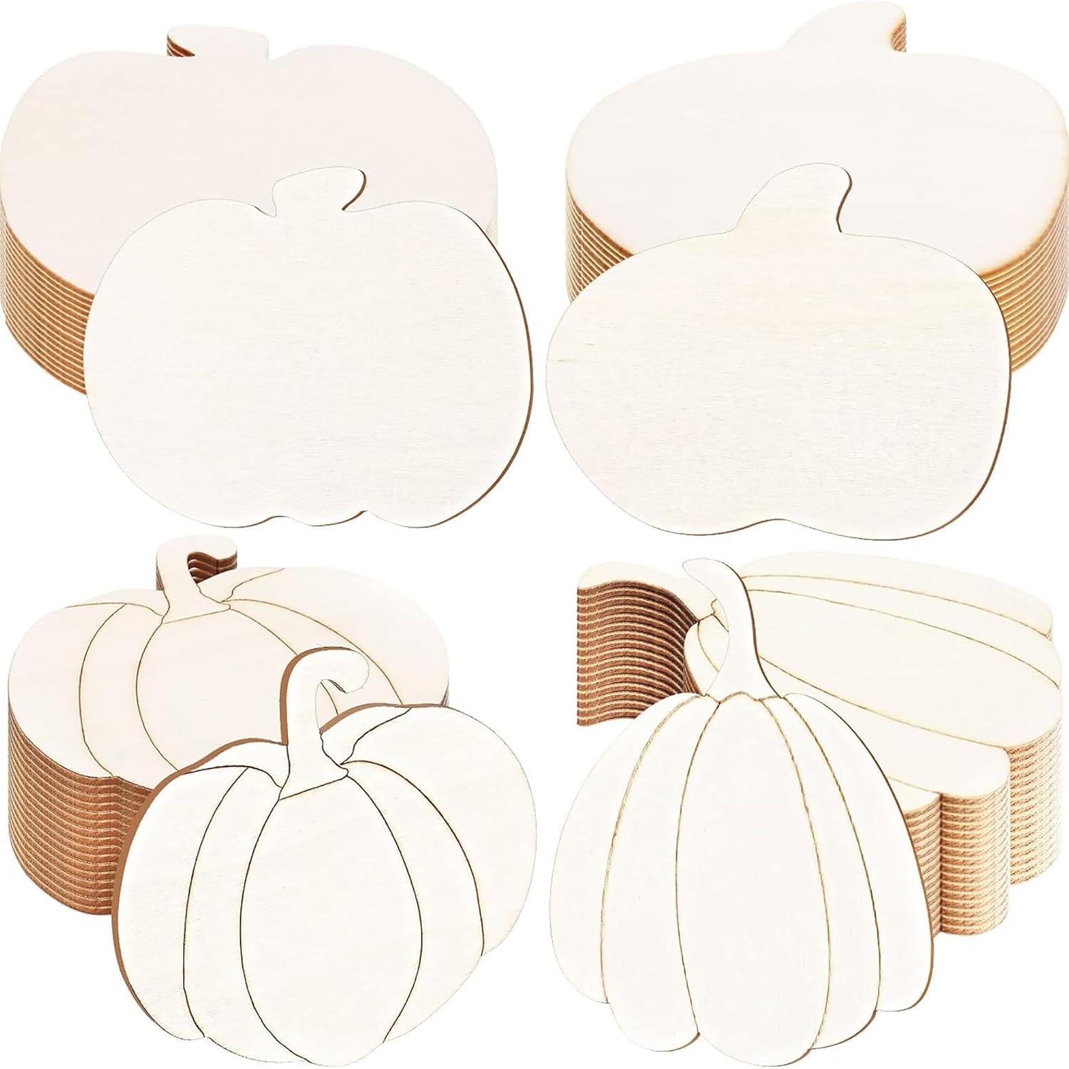 Set of white pumpkin-shaped cutouts with brown stems on a white background
