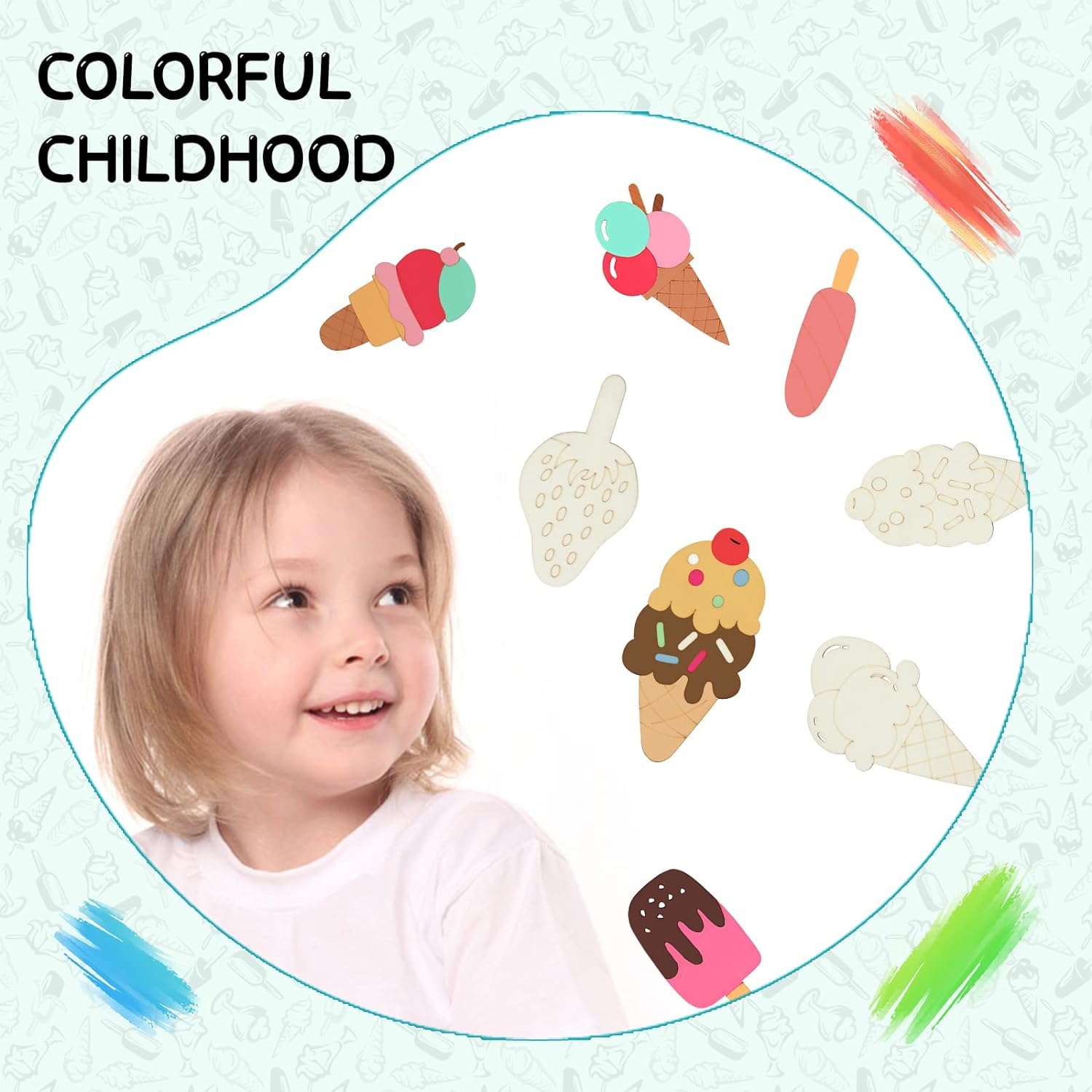 Child with colorful ice cream illustrations and text 'Colorful Childhood' on a light blue background