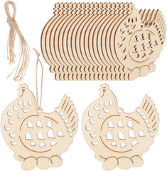 Wooden chicken-shaped ornaments with a decorative basket on a white background