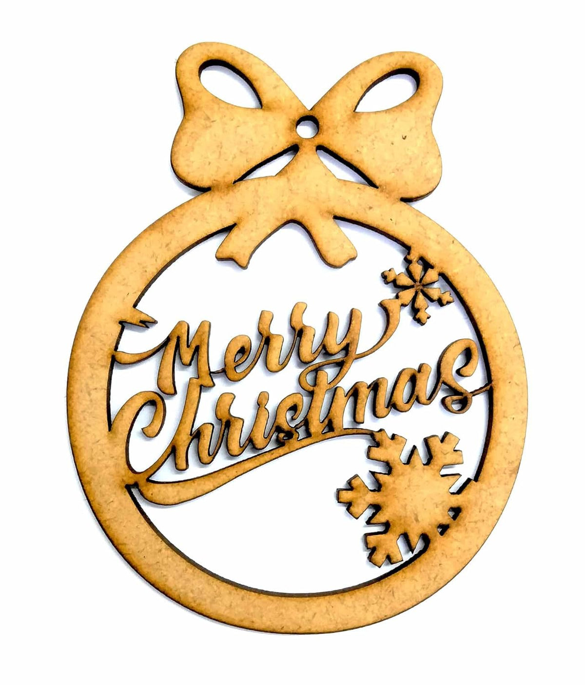 Wooden Christmas ornament with 'Merry Christmas' text and bow on a white background