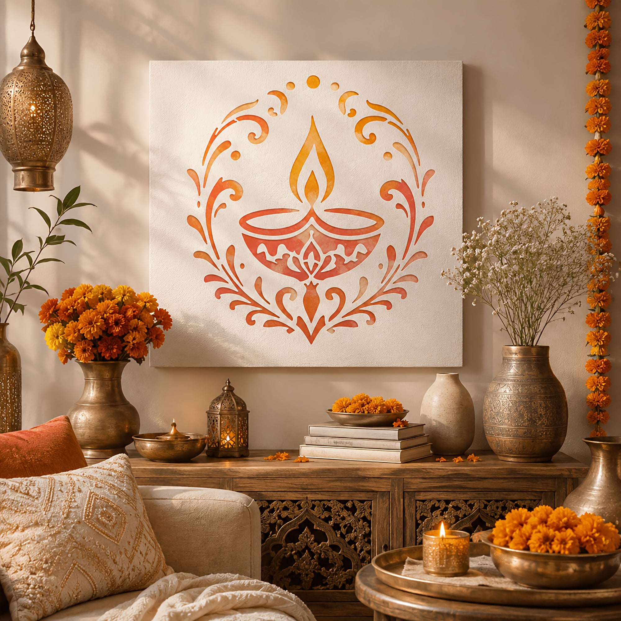 oil lamp stencil template for handmade diwali decor