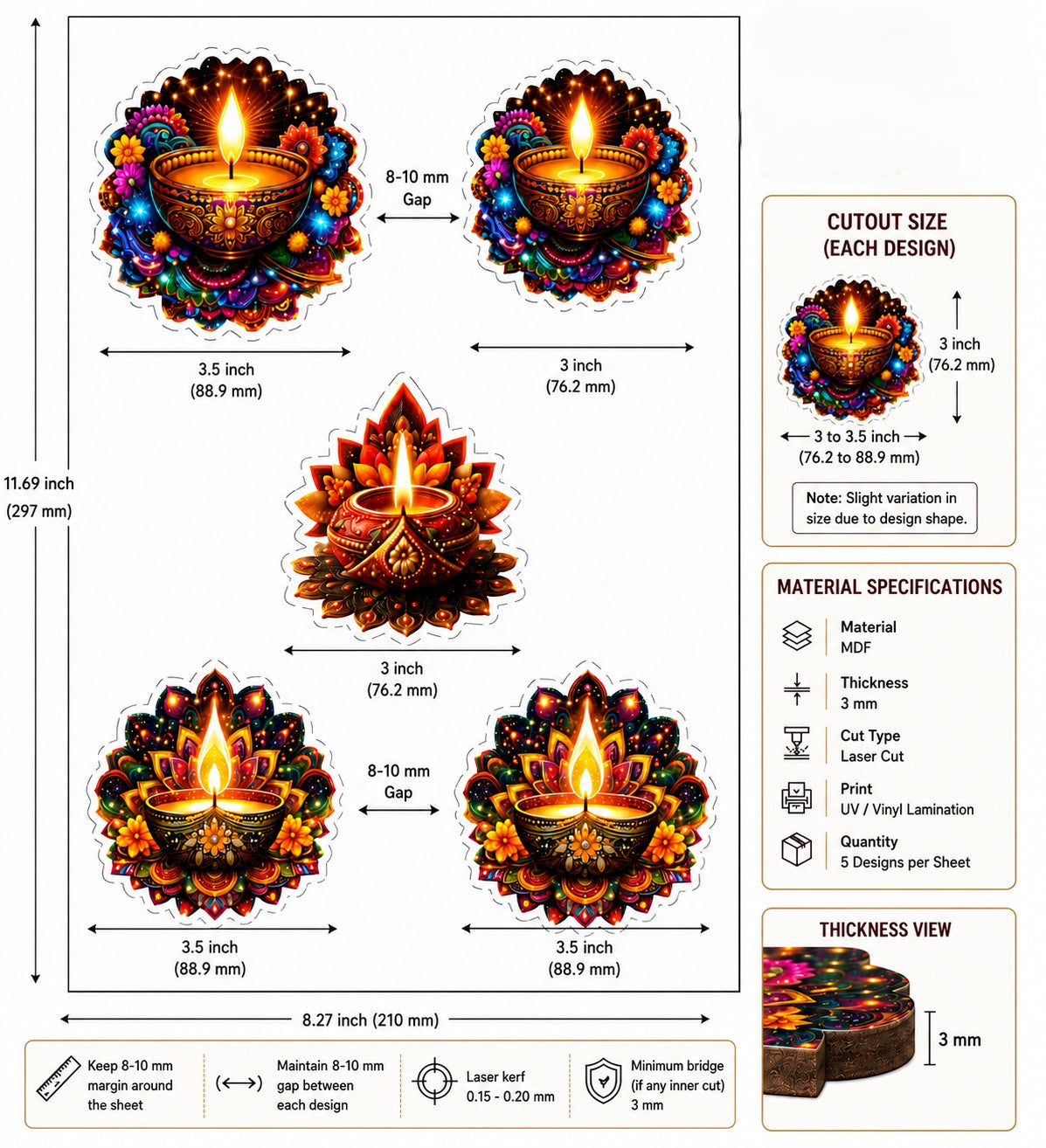 MDF diya cutouts for Diwali decoration