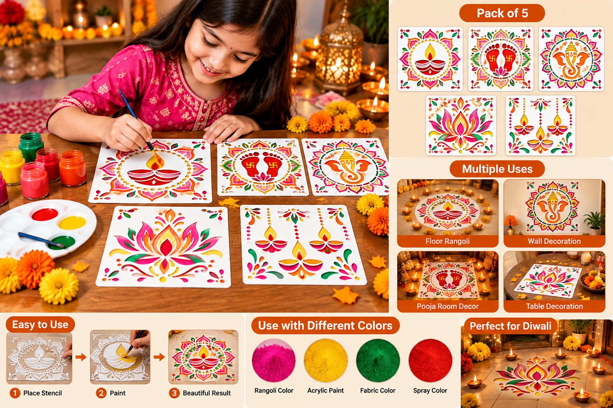 pack of 5 diwali rangoli stencil