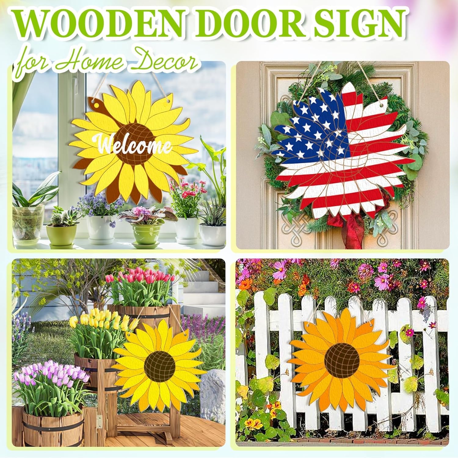 Collage of wooden door signs with sunflowers, American flag, and flowers for home decor.