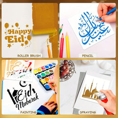 Collage of various art supplies and activities for creating Eid-themed designs.
