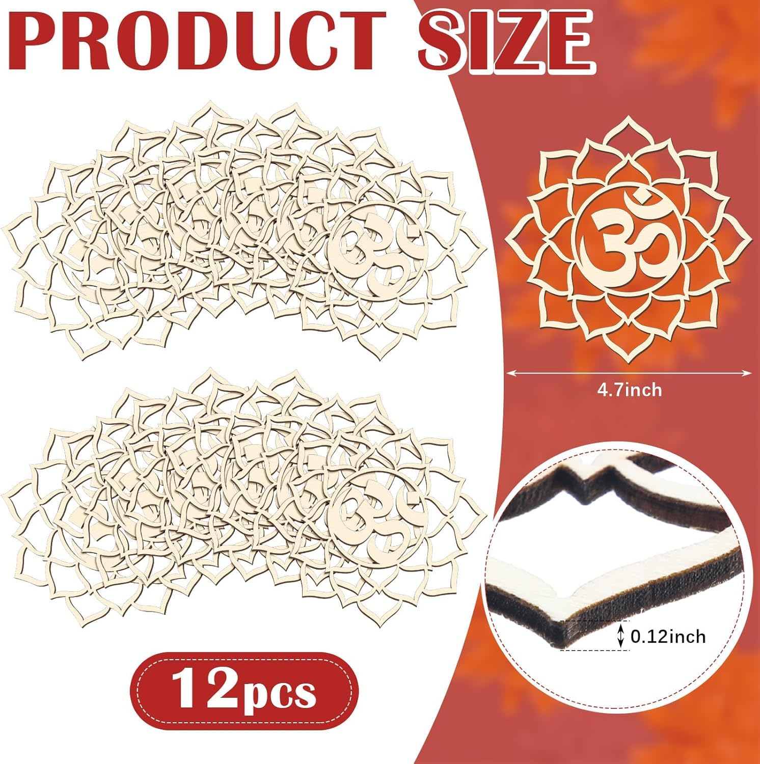 Wooden puzzle pieces with Om symbol and product size details on a red and white background