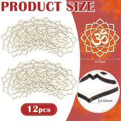 Wooden puzzle pieces with Om symbol and product size details on a red and white background