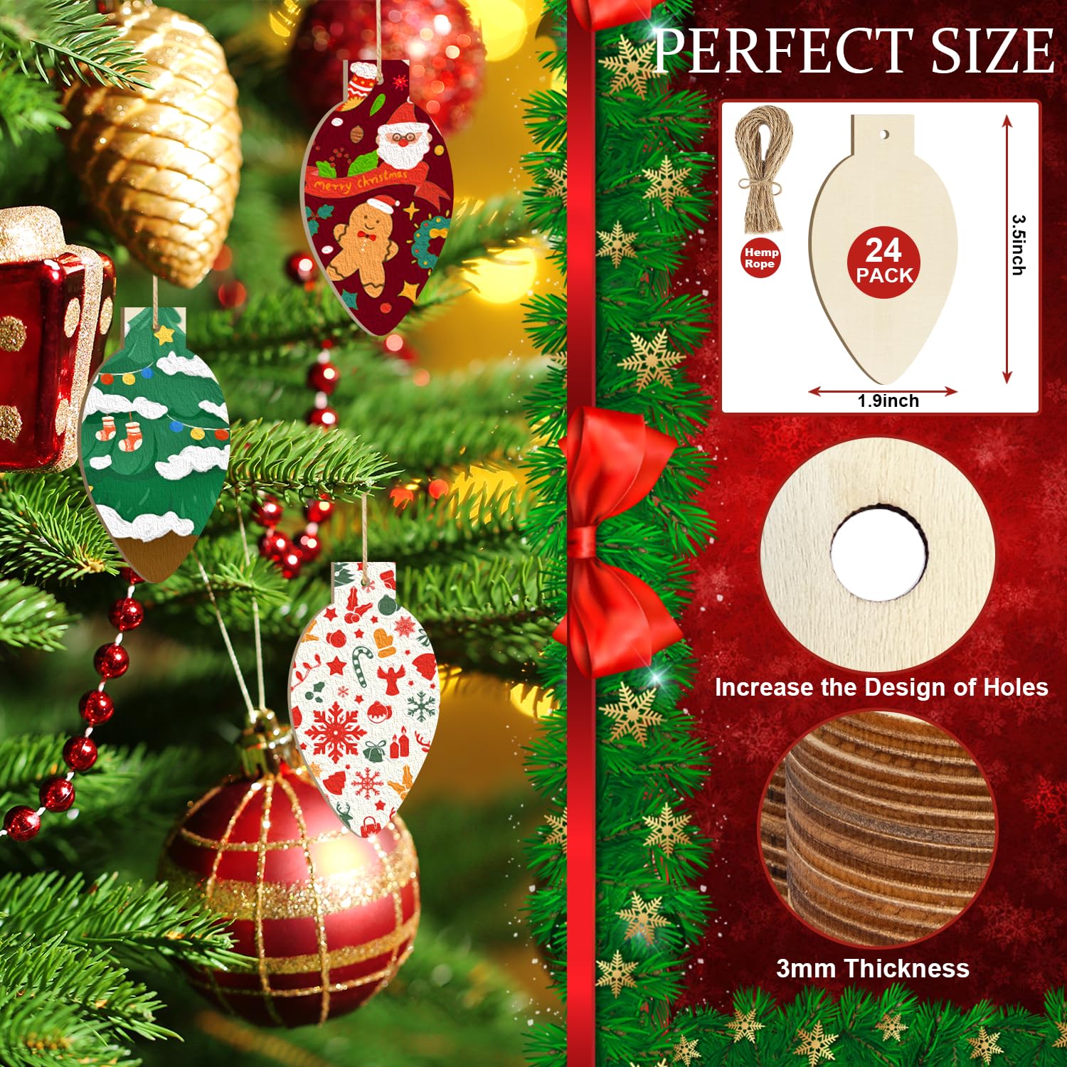 Decorative Christmas ornaments on a tree with packaging showing product details.