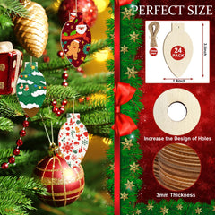 Decorative Christmas ornaments on a tree with packaging showing product details.
