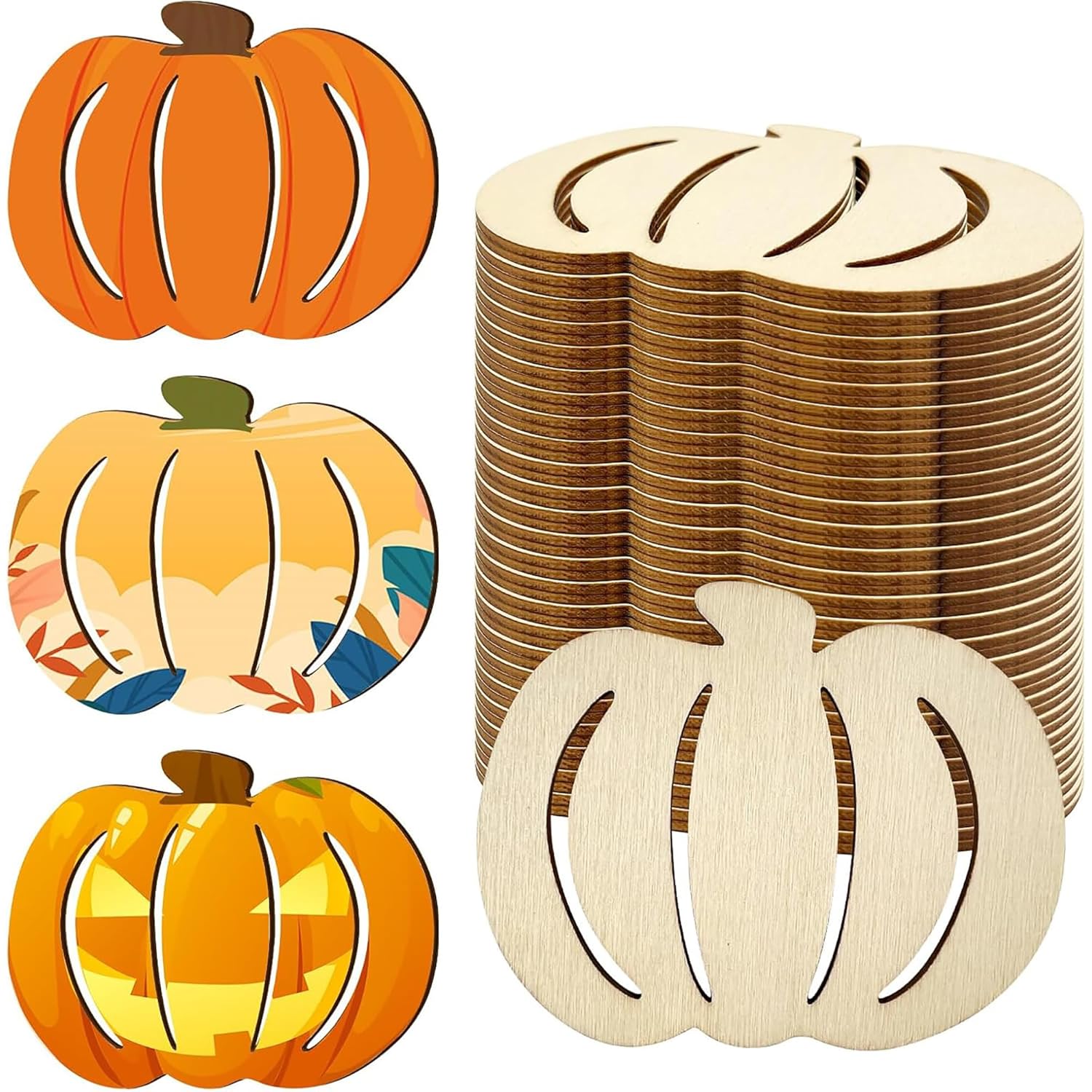 Stack of wooden pumpkin-shaped cutouts with colorful pumpkin illustrations on a white background.