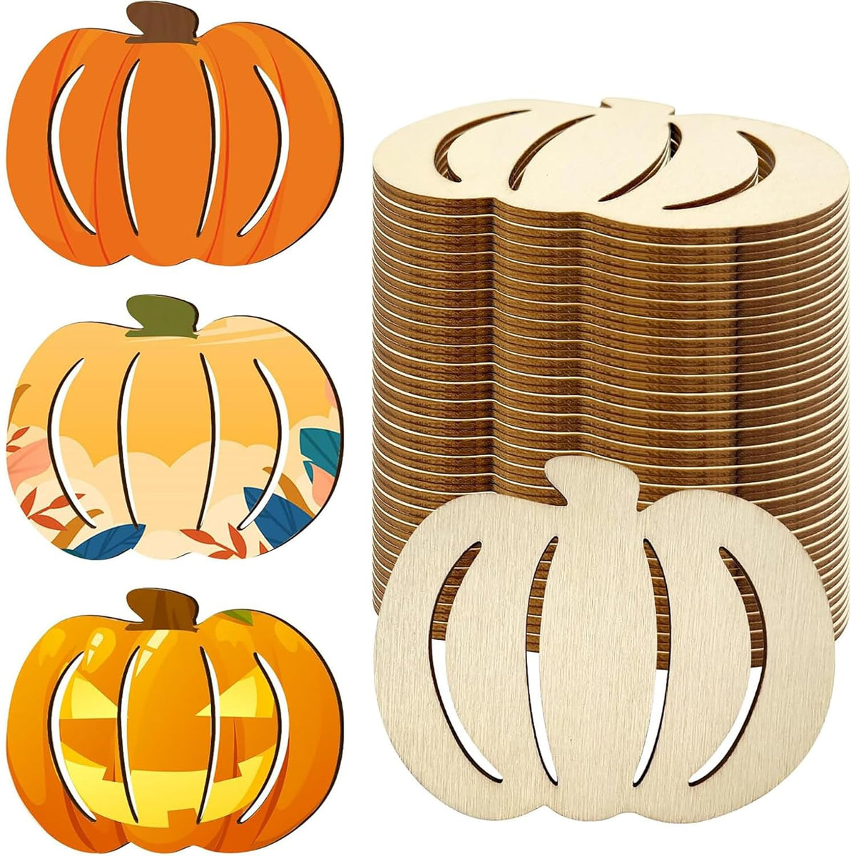 Stack of wooden pumpkin-shaped cutouts with colorful pumpkin illustrations on a white background.
