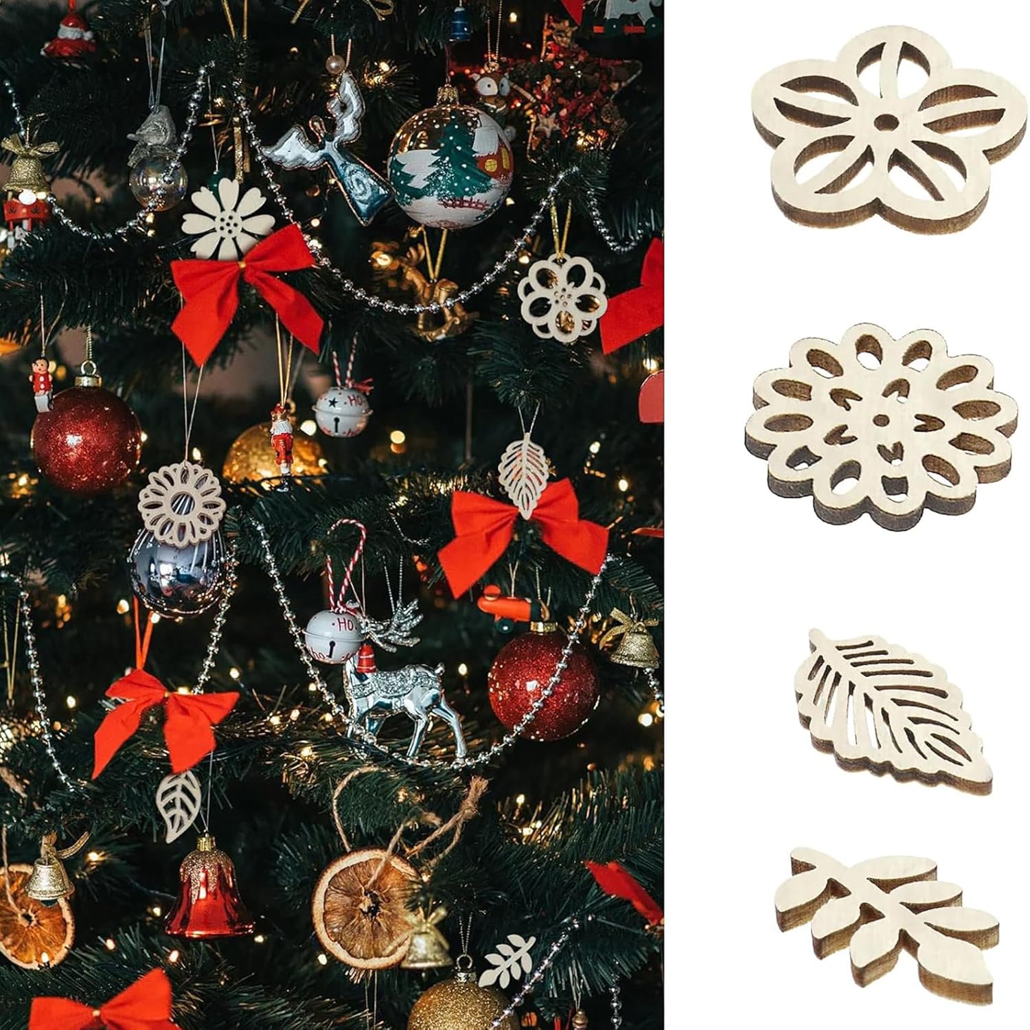 Decorative Christmas tree with ornaments on the left, and wooden snowflake, leaf, and star decorations on the right.
