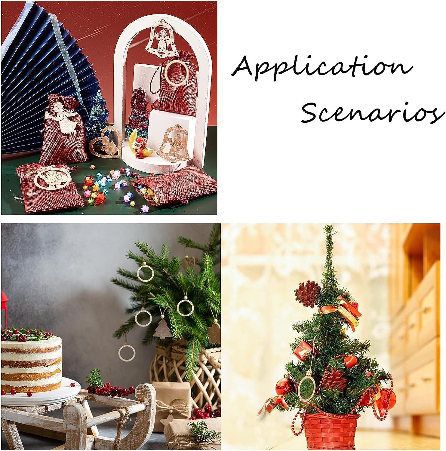 Collage of Christmas-themed decorations with text 'Application Scenarios' on a white background.