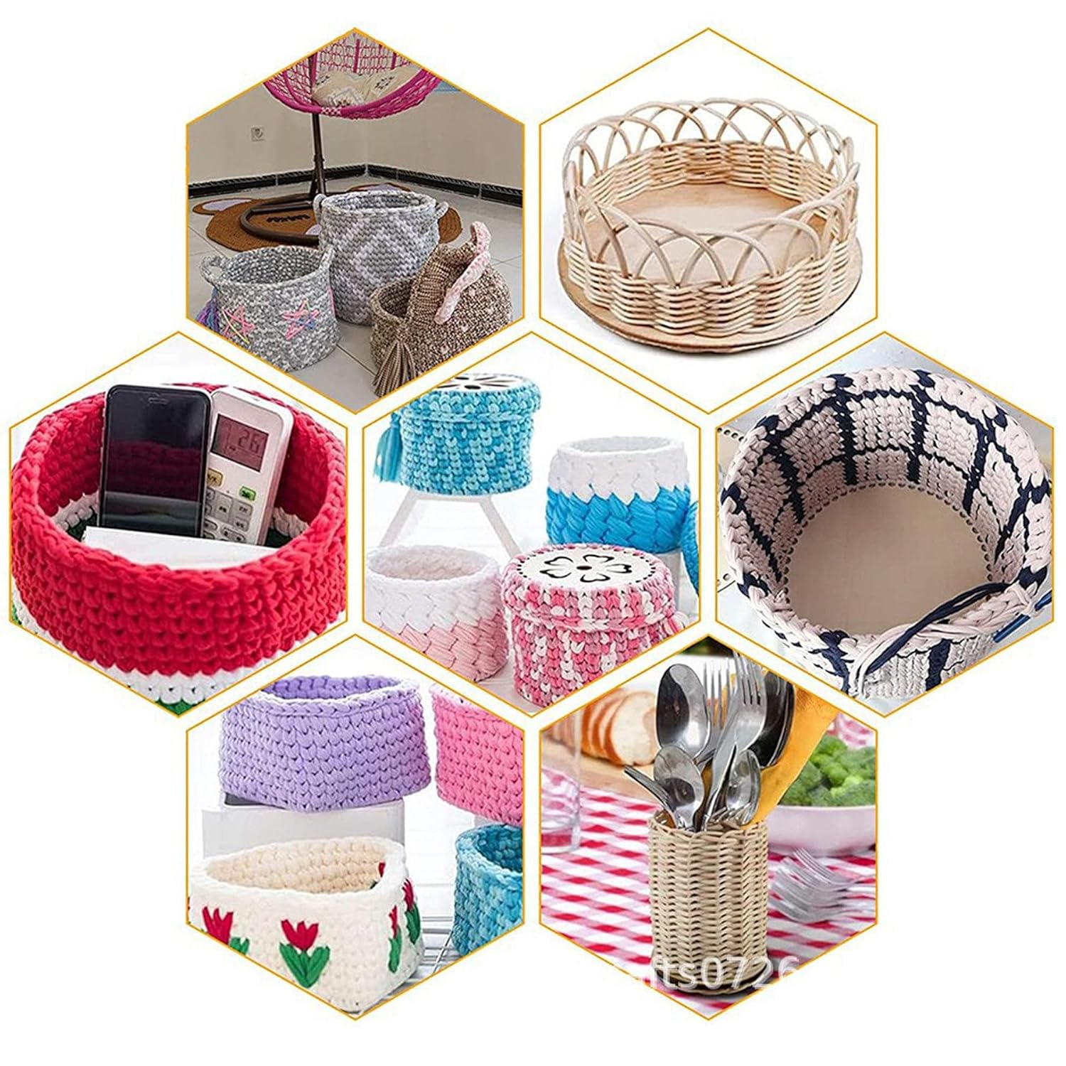 Collage of various woven baskets in different colors and uses.