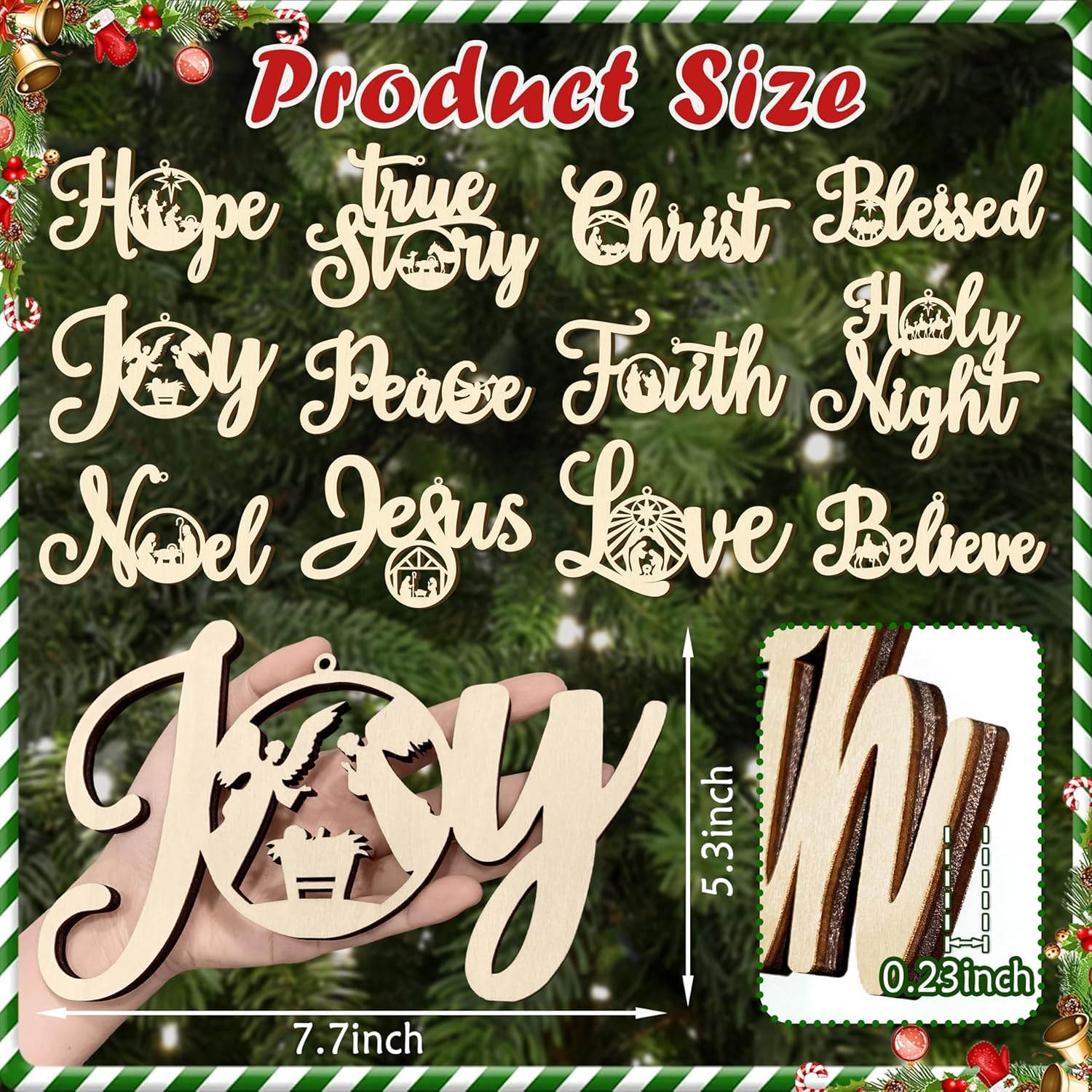 Wooden Christmas decorations with religious text and measurements against a Christmas tree background.