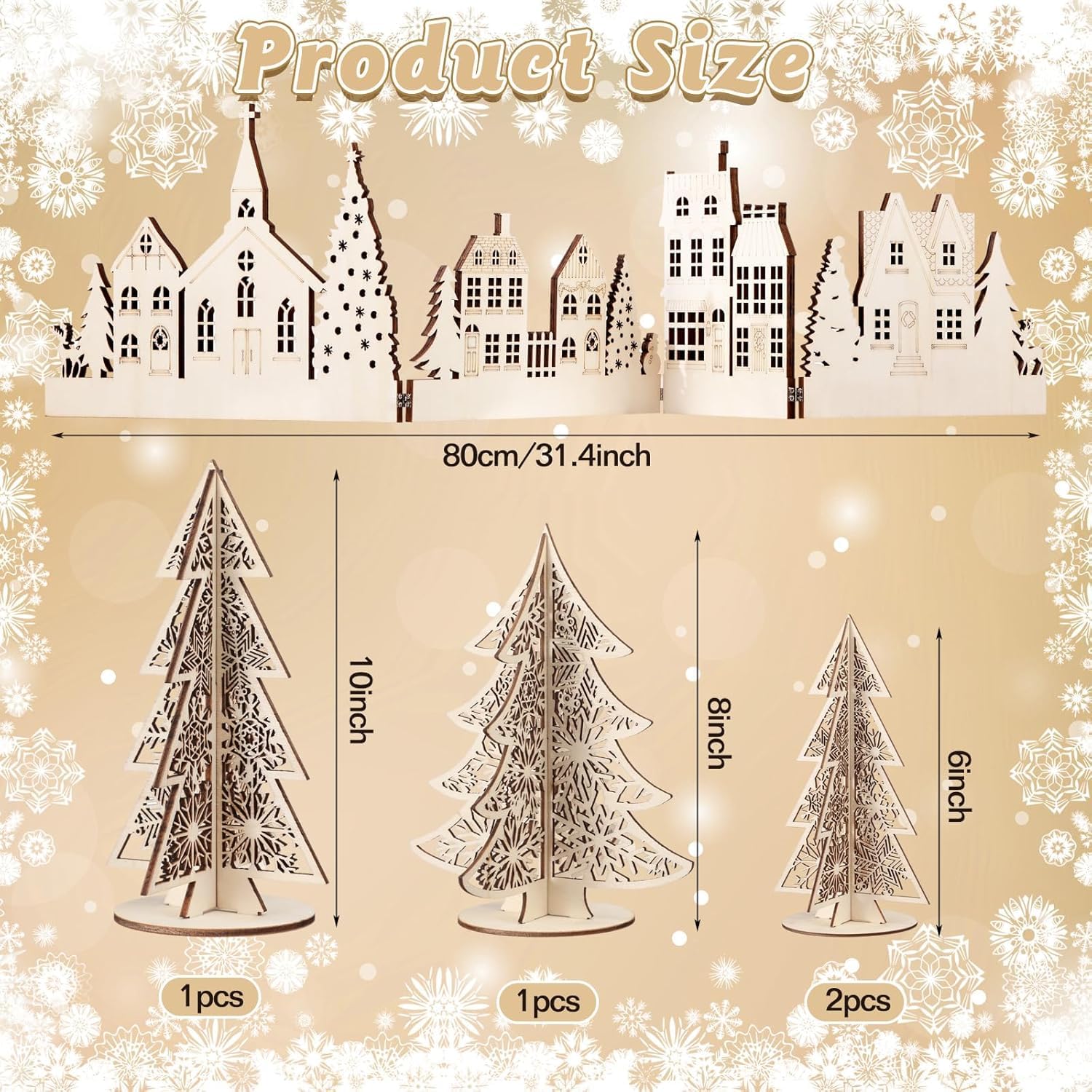 Measurement chart of decorative Christmas trees with sizes and snowflake designs on a beige background.
