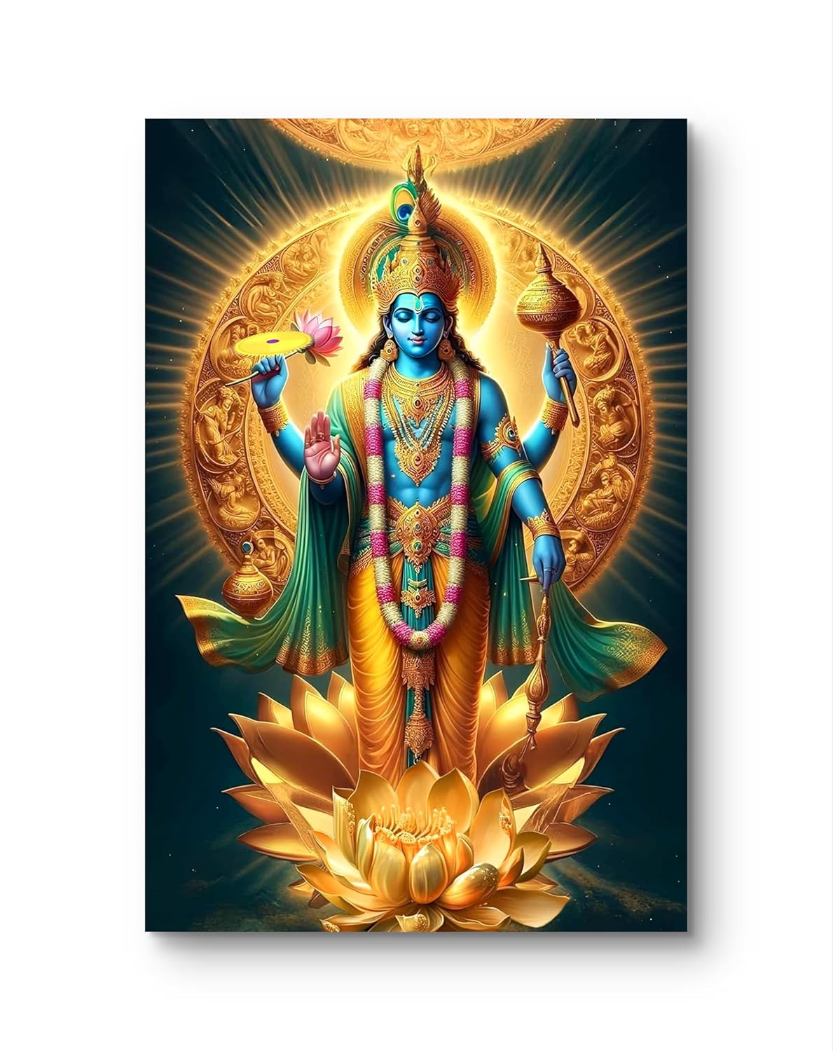 Colorful depiction of a deity on a lotus flower with a detailed background