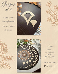 Birch plywood shapes with measurements and material details on a beige background