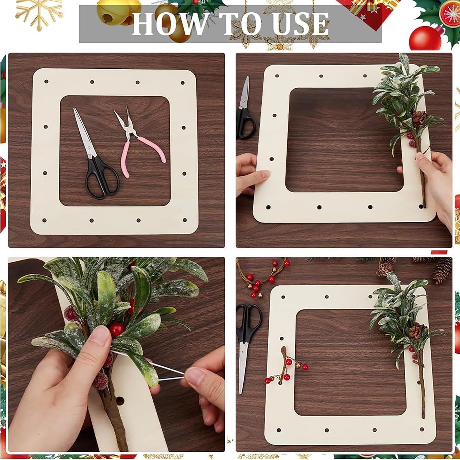 Step-by-step guide on how to use a decorative frame with plants and scissors.
