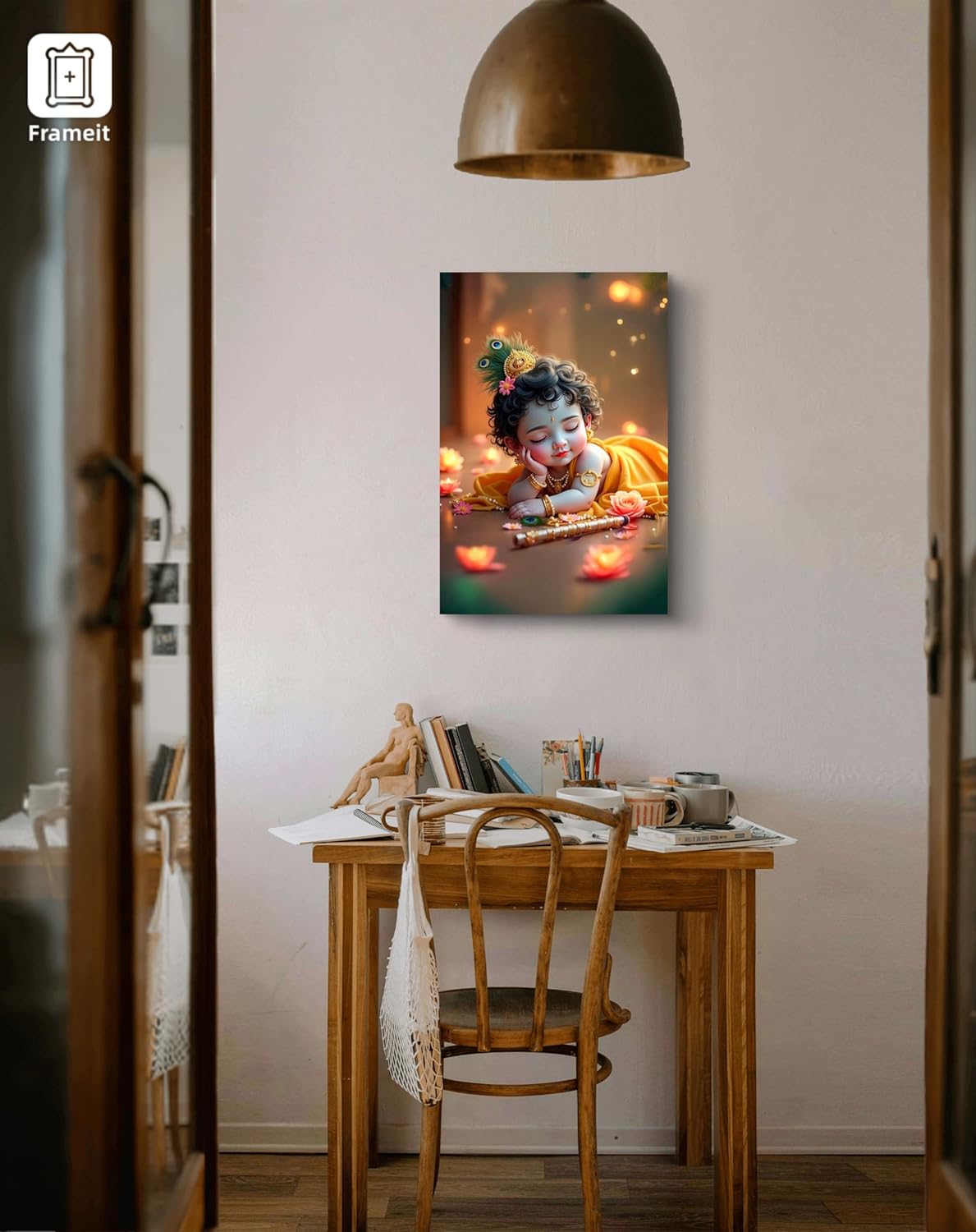 Canvas print of a child with flowers in hair on a wall above a wooden table.