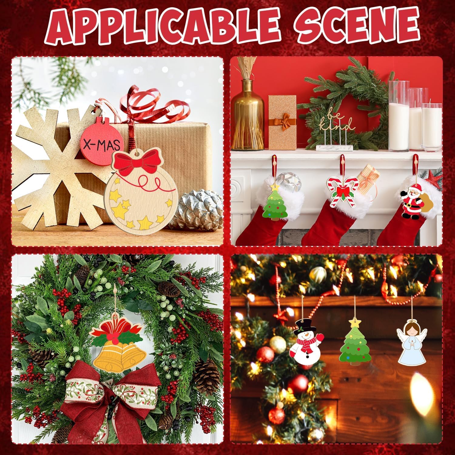 Collage of Christmas decorations including stockings, wreaths, and ornaments on a red background.