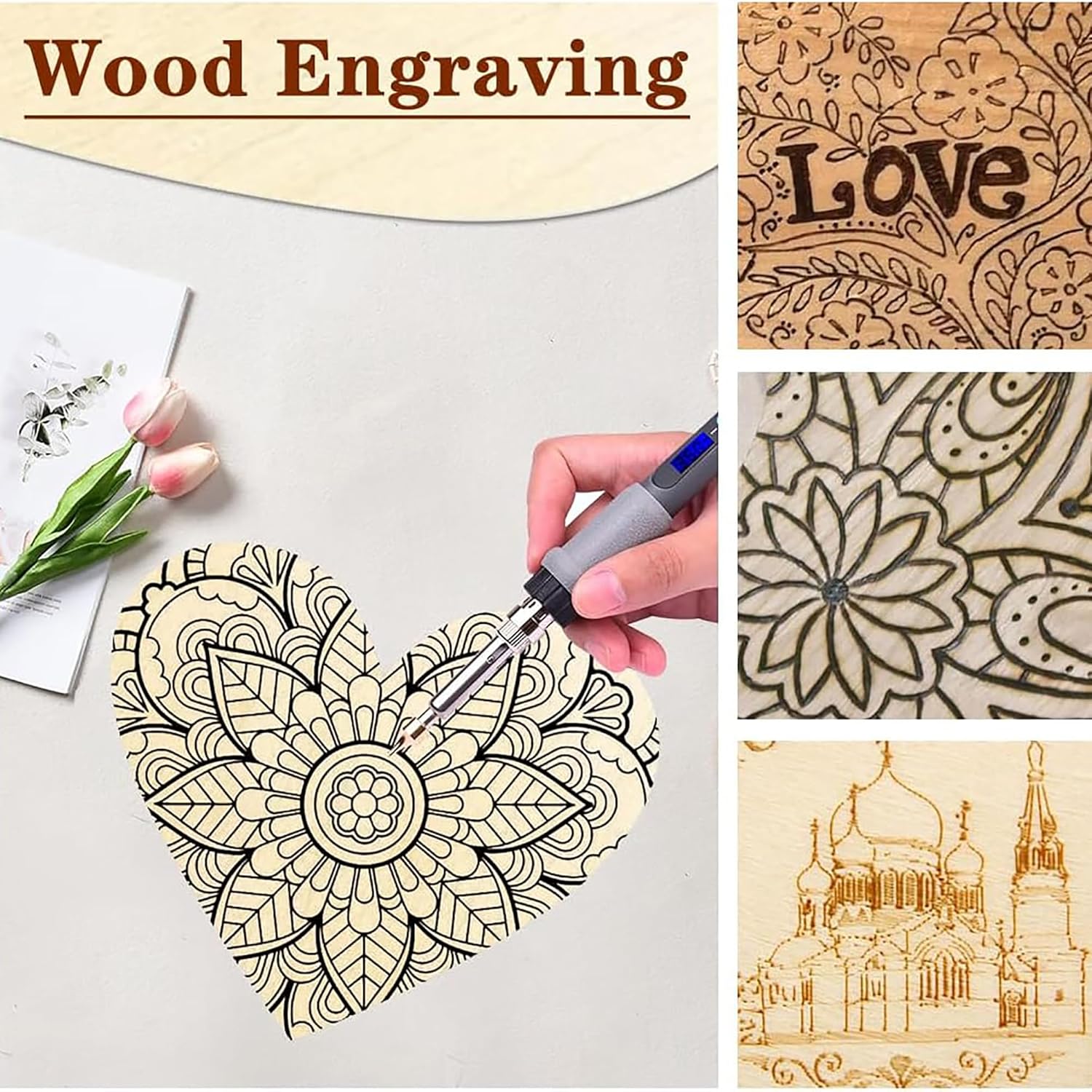 Wood engraving process with tools and engraved designs on wood.