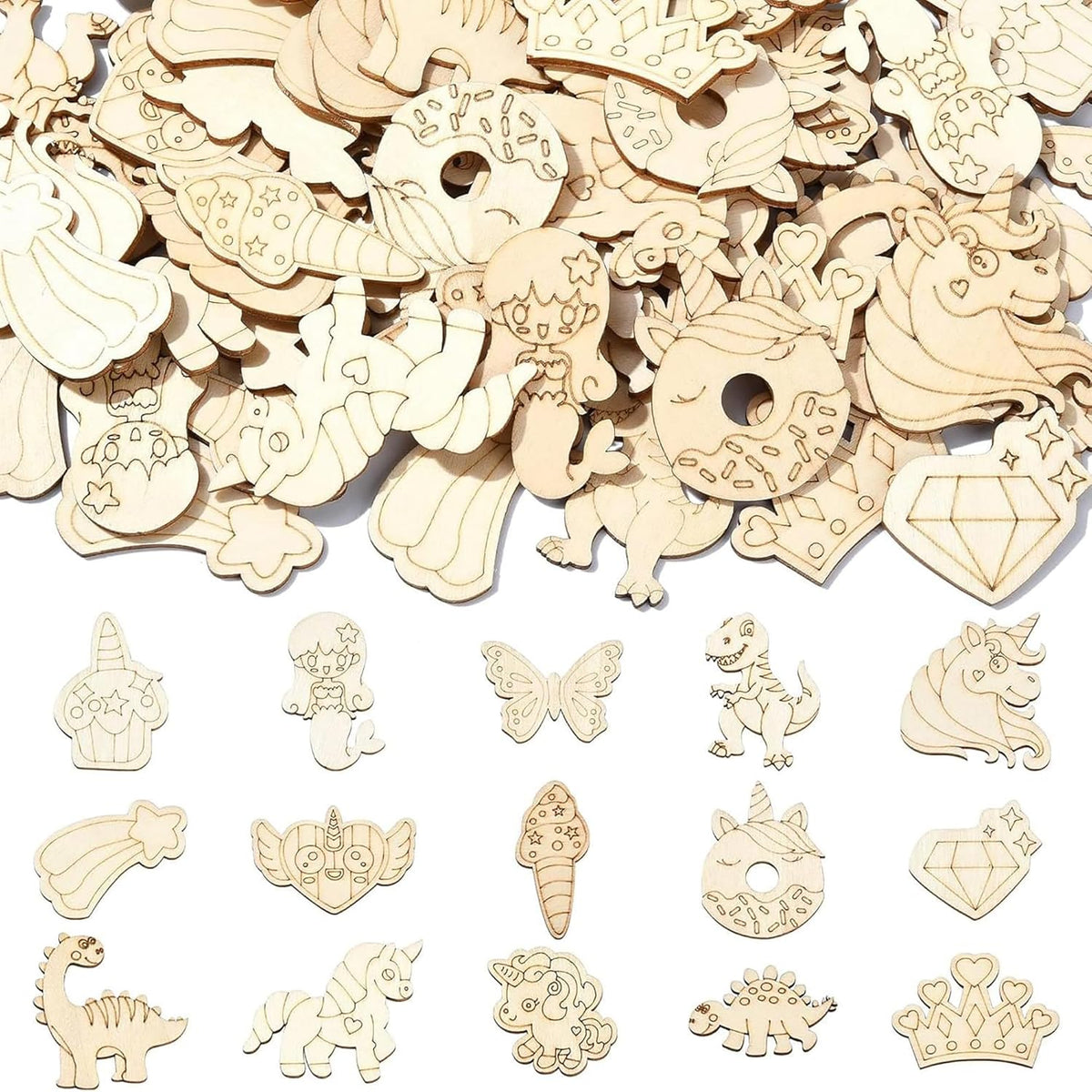 Assorted wooden cutouts with various shapes and designs on a light background