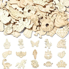 Assorted wooden cutouts with various shapes and designs on a light background