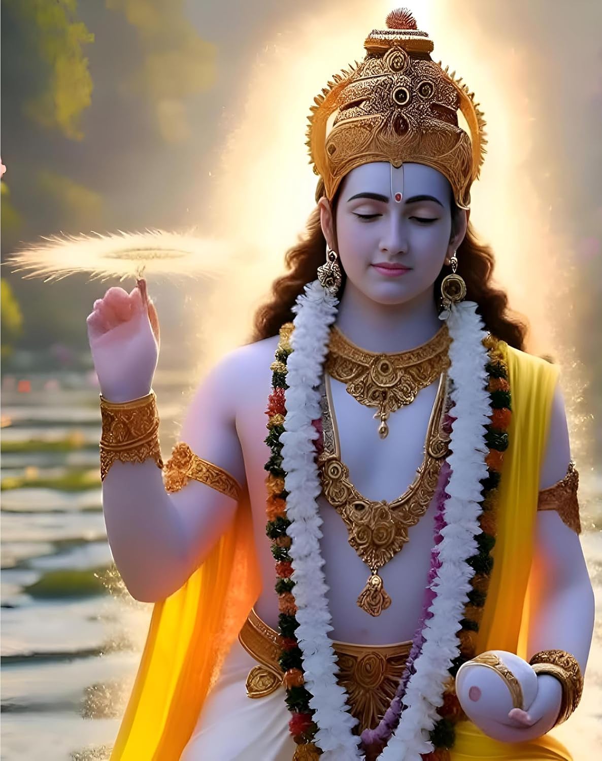 Decorated figure with gold jewelry and a yellow garment against a natural background